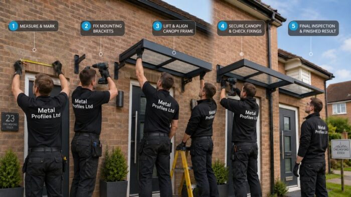 Aluminium Door Canopies in Chelmsford: bespoke, powder coated aluminium entrance canopies 4 Professional step-by-step fitting of aluminium door canopies in Chelmsford by Metal Profiles Ltd installers.