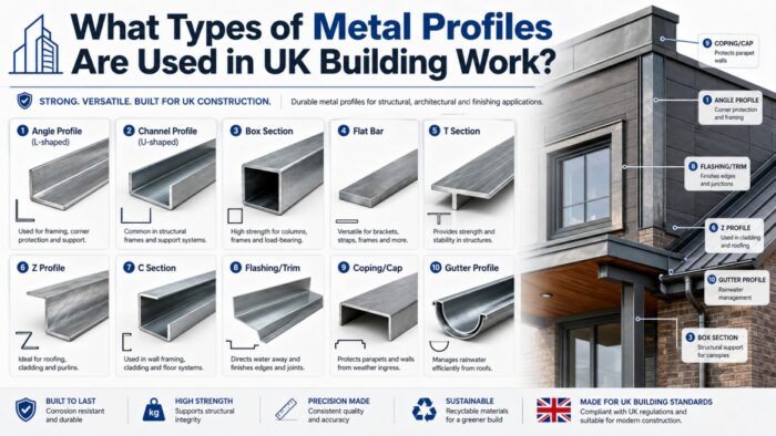 Metal Profiles in Construction UK: what are metal profiles, common types, uses and FAQs 4 Infographic explaining common metal profiles in construction, including angle profiles, channel profiles, box sections, flashing, coping and gutter profiles used in UK building work.