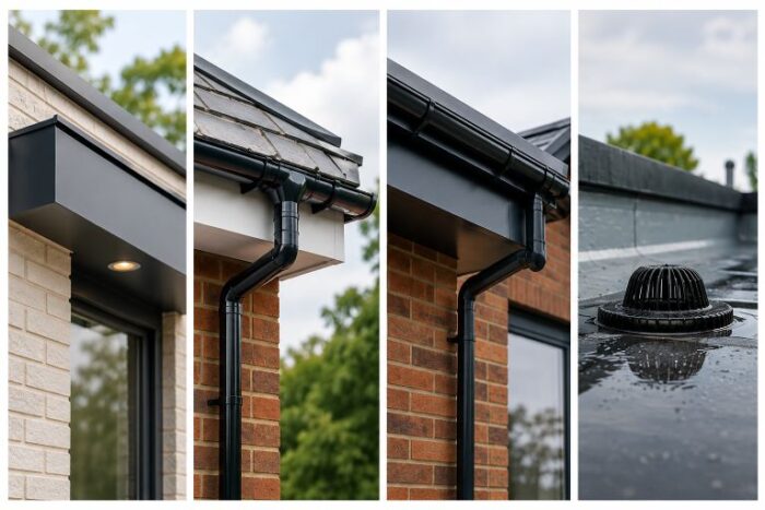 What is a box gutter and how does it work? 4 What is a box gutter comparison image showing box gutters alongside half round gutters, fascia gutters and roof drains for UK roof drainage systems.