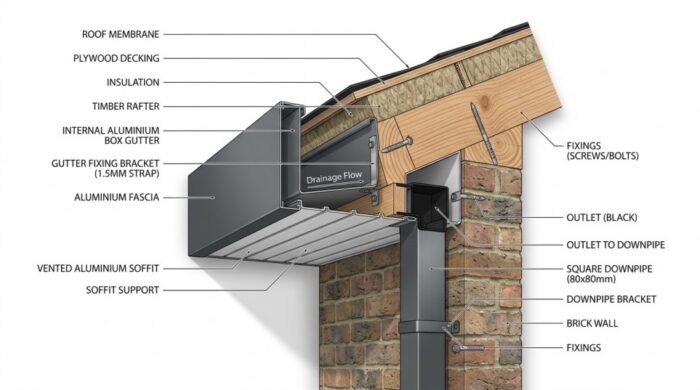 Aluminium Box Gutter: 7 Types, Sizes & Complete Installation Guide UK 7 Close-up of an aluminium box gutter joggle joint assembly in progress. Two parallel 6mm beads of grey low-modulus silicone sealant are visible on the internal joint face of the plain-ended gutter section. The joggle union end of the adjacent section is being offered up over the sealant bead ready to be pressed into position and bolted.