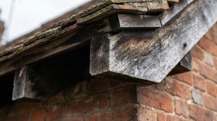 What Is a Soffit? Everything UK Homeowners and Builders Need to Know 5 Close-up view of exposed timber rafter ends on a roof without soffit boards, showing
weathered wood and discoloured end grain on a residential property.