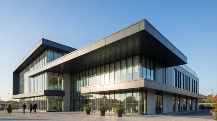What Is a Soffit? Everything UK Homeowners and Builders Need to Know 9 Wide architectural view of a modern commercial building featuring aluminium soffit panels
installed along the roof eaves with a clean contemporary finish.