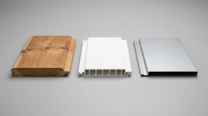 What Is a Soffit? Everything UK Homeowners and Builders Need to Know 8 Side-by-side comparison of soffit board materials showing natural timber, white uPVC, and
silver powder-coated aluminium cut sections used in UK roof eaves construction.