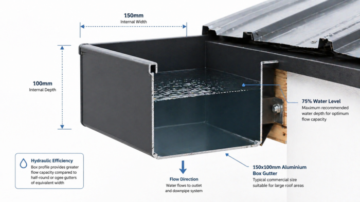 Aluminium Box Gutter: The Complete UK Guide to Sizing, Installation and Specification in 2026 6 Technical diagram of aluminium box gutter showing internal dimensions, water flow direction and capacity levels, used on UK roofs for efficient rainwater drainage