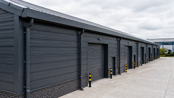 Aluminium Box Gutter: The Complete UK Guide to Sizing, Installation and Specification in 2026 7 Wide view of aluminium box gutter installed along a UK commercial building roofline, showing long straight gutter run with multiple downpipes and metal cladding facade