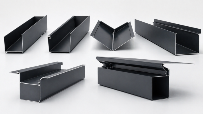 Aluminium Box Gutter: The Complete UK Guide to Sizing, Installation and Specification in 2026 4 Different aluminium box gutter profiles and sections in anthracite RAL 7016, showing various gutter shapes and connection details used in UK roofing systems