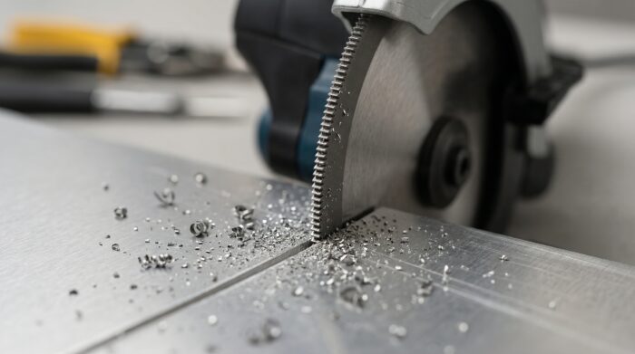 How to Install Aluminium Fascia: 7 Common Mistakes to Avoid in the UK 6 Close-up of circular saw cutting aluminium material for fascia board preparation during installation