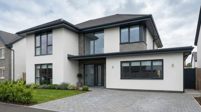 How to Install Aluminium Fascia: 7 Common Mistakes to Avoid in the UK 7 Modern UK house with anthracite grey aluminium fascia installed along the roofline creating a clean finish