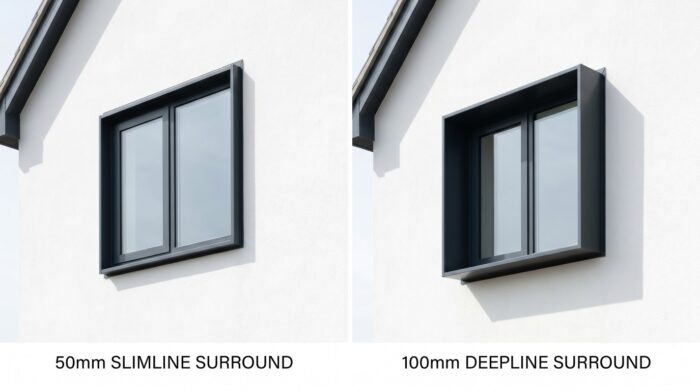 Aluminium Window Surrounds: The Complete UK Guide to Types, Design and Installation in 2026 5 Side-by-side elevation comparison of two identical windows on a light grey render facade. Left window has a 50mm slimline aluminium window surround in anthracite grey, creating a subtle raised frame. Right window has a 100mm deepline aluminium window surround in the same colour, creating a much more pronounced shadow line and stronger architectural presence. Both surrounds have a 150mm face width.