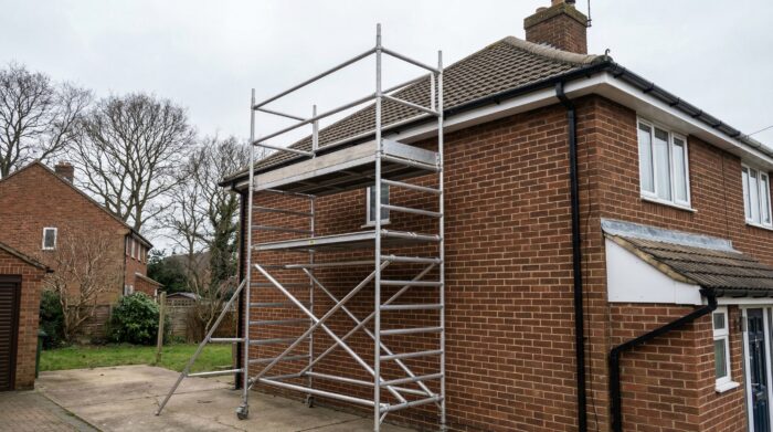 How to Install Aluminium Fascia: 7 Common Mistakes to Avoid in the UK 5 Scaffolding set up beside a UK brick house for safe aluminium fascia installation work at roof level