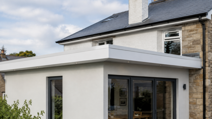Aluminium Capping: The Complete UK Guide to Wall Capping, Types, Uses, and Installation 7 White aluminium capping fitted around a single-storey flat roof extension parapet, matching the fascia and soffit for a clean modern UK home exterior.