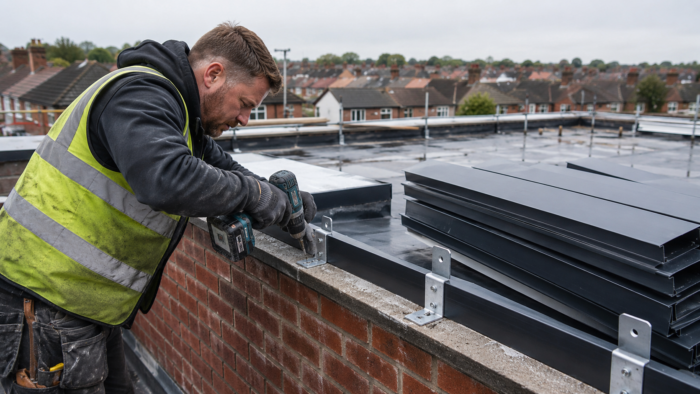 Aluminium Capping: The Complete UK Guide to Wall Capping, Types, Uses, and Installation 8 Tradesperson installing aluminium capping brackets on a brick parapet wall, with anthracite grey aluminium capping sections ready for fitting on a flat roof.