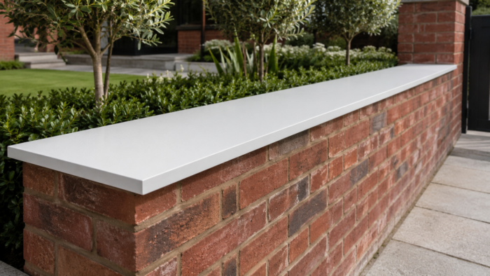 Aluminium Capping: The Complete UK Guide to Wall Capping, Types, Uses, and Installation 5 White powder-coated aluminium capping fitted on a modern brick boundary wall, showing a clean flat top, neat side return, and smart garden wall finish.