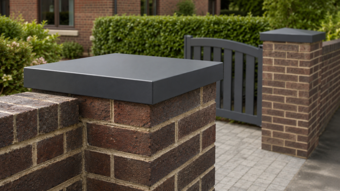 Aluminium Capping: The Complete UK Guide to Wall Capping, Types, Uses, and Installation 6 Anthracite grey aluminium capping installed on square brick entrance piers beside a modern UK garden gate, showing a clean top finish and neat returns on all sides.