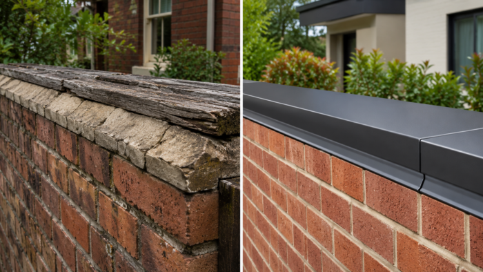 Aluminium Capping: The Complete UK Guide to Wall Capping, Types, Uses, and Installation 10 Side-by-side comparison of old cracked cement and timber wall capping beside new anthracite grey aluminium capping on a brick wall, showing the cleaner and more durable finish.
