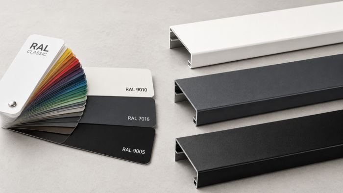 Aluminium Capping: The Complete UK Guide to Wall Capping, Types, Uses, and Installation 9 RAL colour swatches beside powder-coated aluminium capping sections in white, anthracite grey, and black, showing colour options for aluminium capping projects.