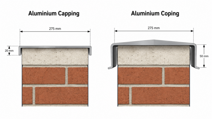 Aluminium Capping: The Complete UK Guide to Wall Capping, Types, Uses, and Installation 4 Technical cross-section diagram comparing aluminium capping and aluminium coping profiles on a masonry wall, showing the difference between flat capping and deeper coping returns.