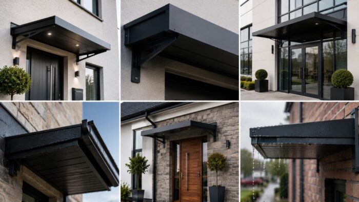 Door Canopy: UK Guide for Homes & Commercial Entrances 5 Aluminium door canopy bracket being fixed to masonry wall with M10 stainless fixings, sealant bead on bracket back plate, spirit level confirming horizontal position