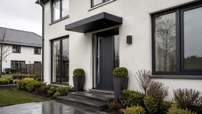 Door Canopy: UK Guide for Homes & Commercial Entrances 7 Contemporary new-build house with anthracite flat aluminium door canopy at 900mm projection and 1200mm width, matching window frames and front door, white render facade.