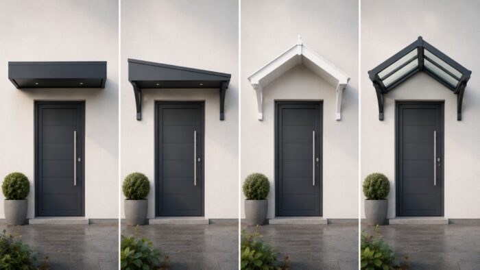 Door Canopy: UK Guide for Homes & Commercial Entrances 4 Four aluminium door canopy profile types compared side by side: flat with box gutter, mono-pitch lean-to, traditional pitched apex, and glazed aluminium frame with polycarbonate infill