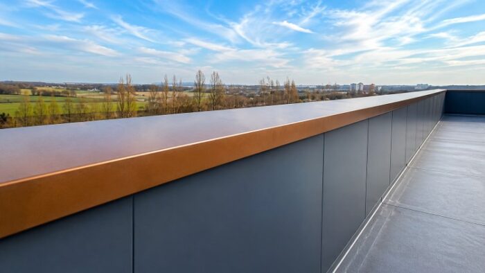 Parapet Wall Coping: The Complete UK Guide to Materials, Types, Installation and Specification 8 Urban rooftop edge detail with sleek parapet wall coping beside modern building services