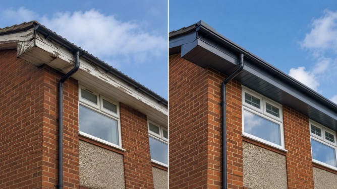 Fascia and Soffits: The UK Guide to Aluminium Roofline Protection (Plus a Practical Buying Checklist) 7 Before and after roofline upgrade showing improved fascia and soffit protection