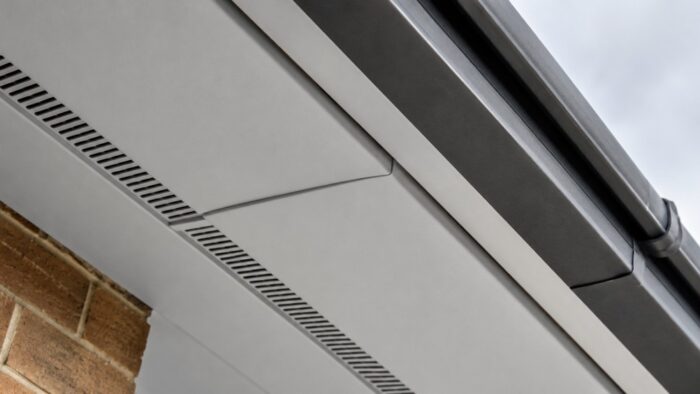 Fascia and Soffits: The UK Guide to Aluminium Roofline Protection (Plus a Practical Buying Checklist) 5 Close-up of a vented soffit panel showing vent detail and weatherproof joint line
