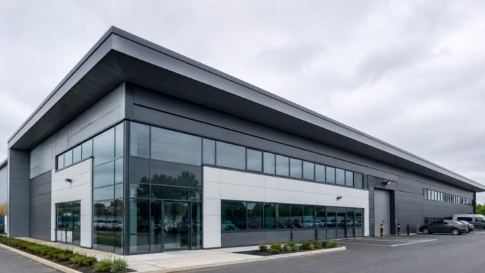 Fascia and Soffits: The UK Guide to Aluminium Roofline Protection (Plus a Practical Buying Checklist) 8 Commercial building exterior showing aluminium fascia and soffits with consistent roofline appearance