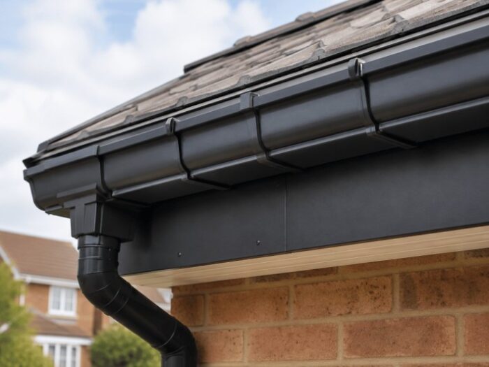 Aluminium Guttering in Chelmsford, Essex 5 Close-up of aluminium gutter brackets and joint detailing