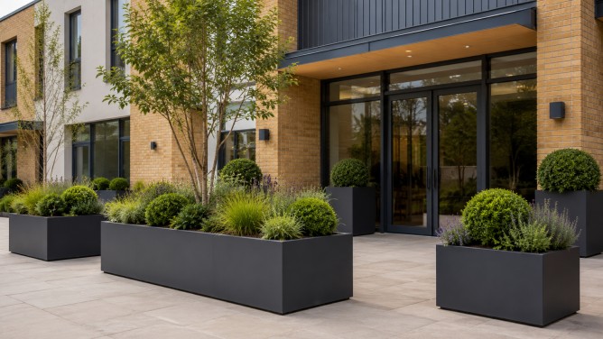 Metal Planters UK: A Detailed Guide to Materials, Sizes and Outdoor Use 5 Large metal planters on a paved UK patio with Corten steel, dark planters and structured garden planting