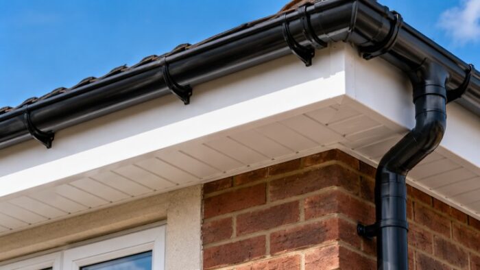 Fascia Boards and Soffits: A Practical UK Roofline Guide 5 Fascia boards and soffits with guttering and downpipe detail showing roof edge water management on a UK property