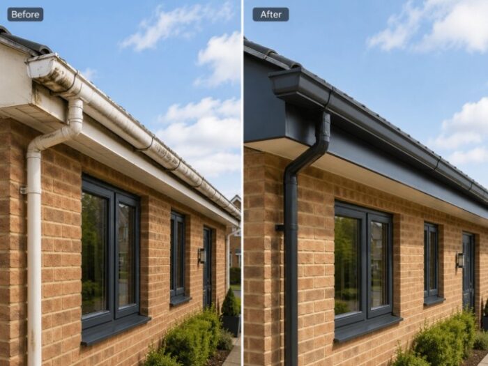 Aluminium Guttering in Chelmsford, Essex 6 Before and after comparison showing improved aluminium guttering and roofline finish