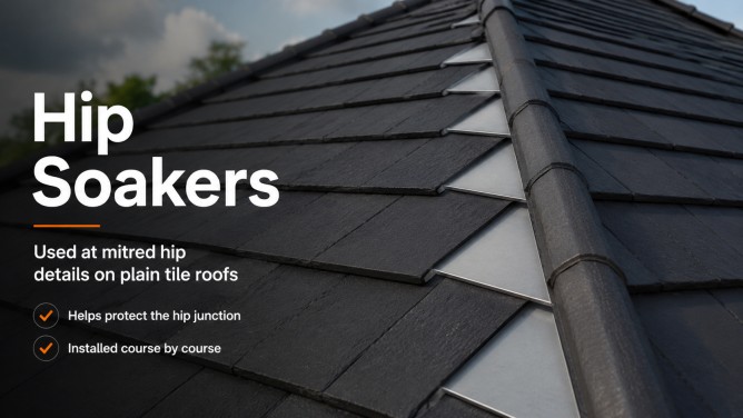 Roof Soakers: The Complete UK Guide to What They Are, How They Work, Sizing, Materials and Installation 6 Hip roof soakers installed course by course on a plain tile roof to help protect the mitred hip junction.