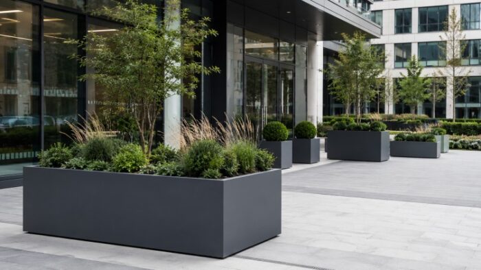 Large Metal Planters for UK Gardens and Commercial Spaces 7 Large metal planters on a modern UK patio with dark powder coated trough planters, square planters and landscaped garden planting