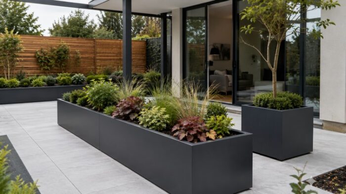 Large Metal Planters for UK Gardens and Commercial Spaces 6 Large metal planters outside a modern UK office entrance with dark grey planter boxes, trees and commercial courtyard landscaping