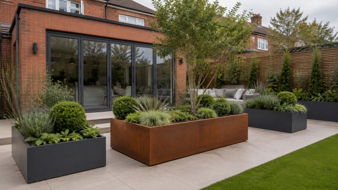 Metal Planters UK: A Detailed Guide to Materials, Sizes and Outdoor Use 4 Corten steel trough and dark metal planters in a landscaped UK courtyard with trees, shrubs and paving