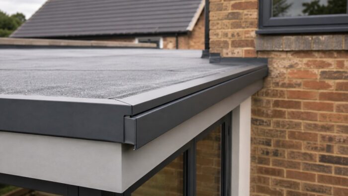 7 Essential Tips for Roof Edge Drip Trim in the UK 6 Roof edge drip trim on a contemporary UK commercial roof detail with dark aluminium fascia, guttering and coordinated architectural metalwor