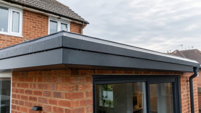 7 Essential Tips for Roof Edge Drip Trim in the UK 4 Roof edge drip trim along a straight UK flat roof edge with a dark aluminium profile, black roof membrane, fascia and gutter below