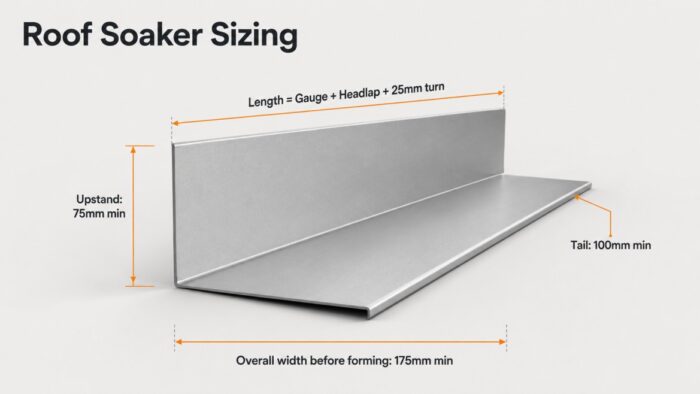 Roof Soakers: The Complete UK Guide to What They Are, How They Work, Sizing, Materials and Installation 5 Roof soaker sizing diagram showing upstand, tail, length and overall width measurements for metal roof soakers.