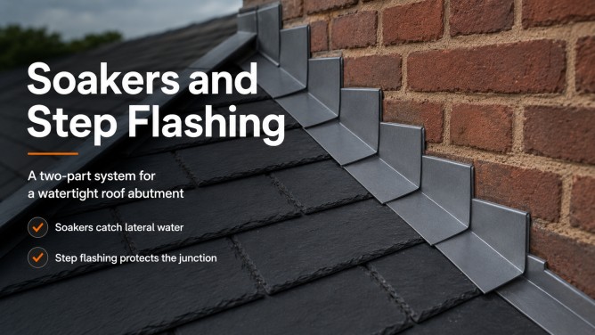 Roof Soakers: The Complete UK Guide to What They Are, How They Work, Sizing, Materials and Installation 7 Roof soakers and step flashing used together on a slate roof abutment to help create a watertight junction.