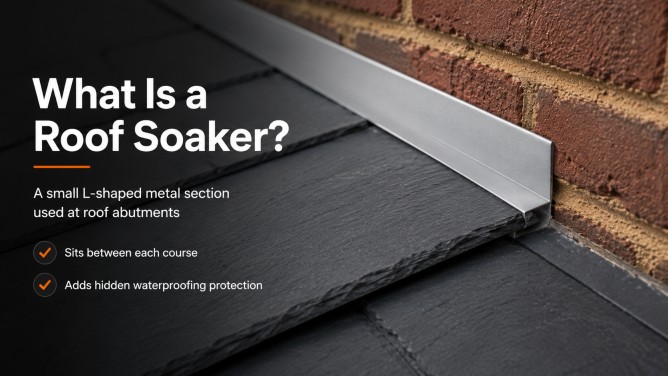 Roof Soakers: The Complete UK Guide to What They Are, How They Work, Sizing, Materials and Installation 4 Close-up of roof soakers used between slate courses at a brick wall abutment for hidden waterproofing protection.