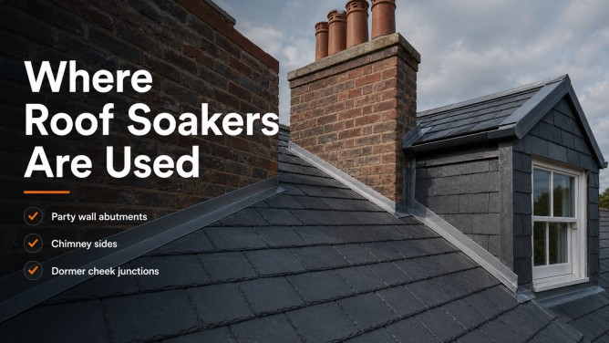 Roof Soakers: The Complete UK Guide to What They Are, How They Work, Sizing, Materials and Installation 8 Roof soakers used around party wall abutments, chimney sides and dormer cheek junctions on a UK slate roof.