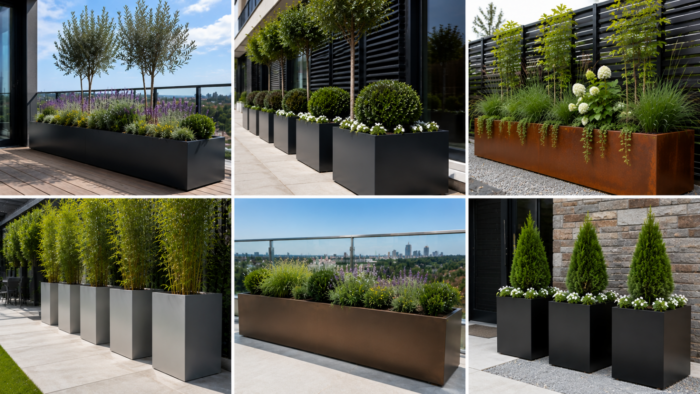Metal Planters Outdoor: 9 Smart UK Buying Tips 4 Metal planters outdoor on a modern office terrace with sculpted greenery and clean architectural design