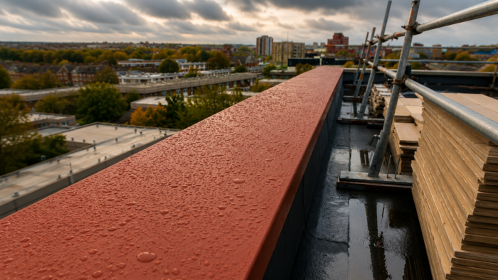 Aluminium Coping Detail: A Practical UK Guide to Wall Tops and Roof Edges 6 Aluminium coping detail at a rooftop corner with red coping and a panoramic cityscape in the background.