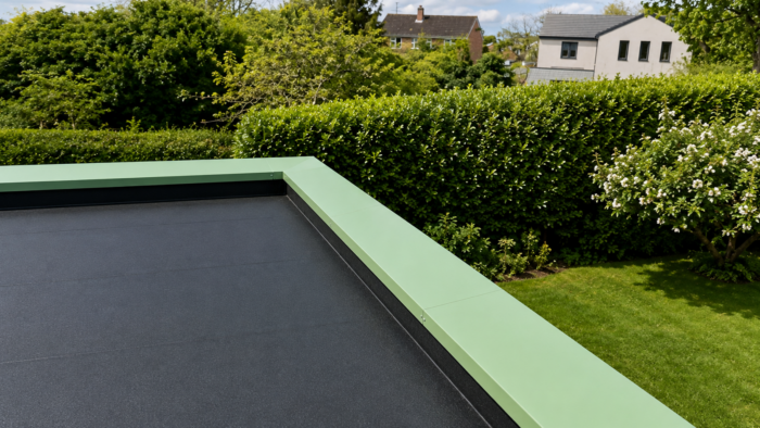 Aluminium Coping Installation: A Practical Guide for UK Projects 5 Completed green aluminium coping installation along the edge of a flat roof parapet