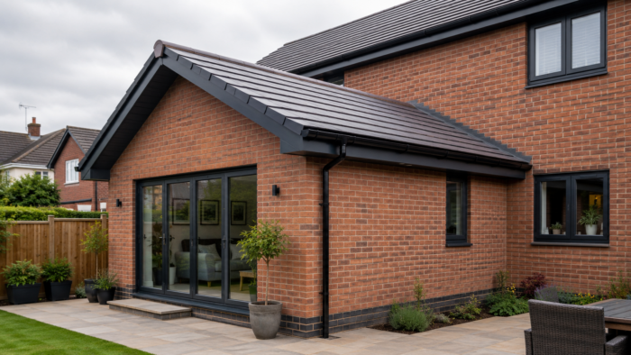 Cost to Replace Soffits and Fascia: A Complete UK Homeowner’s Guide 7 UK house showing fascia and soffit areas along the roofline before replacement.