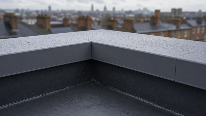 Flat Roof Aluminium Coping: 2026 UK Planning Guide 6 Aluminium wall copings used on a green roof edge with dark grey finish.