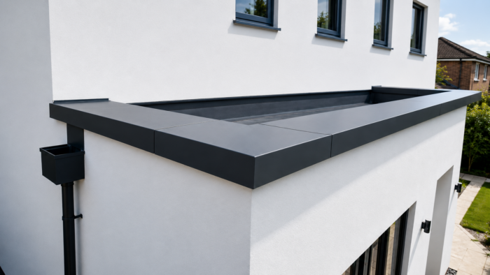 Flat Roof Aluminium Coping: 2026 UK Planning Guide 4 Aluminium wall copings used on a green roof edge with dark grey finish and modern architectural detailing.