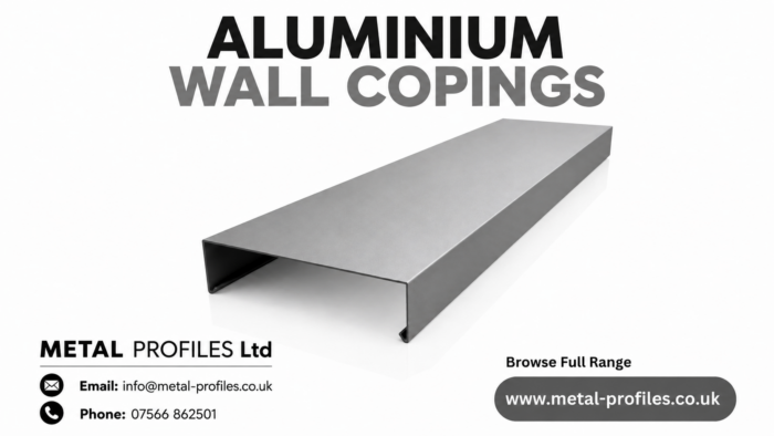 Flat Roof Aluminium Coping: 2026 UK Planning Guide 5 Aluminium wall copings product banner showing a clean metal coping profile with Metal Profiles Ltd contact details.