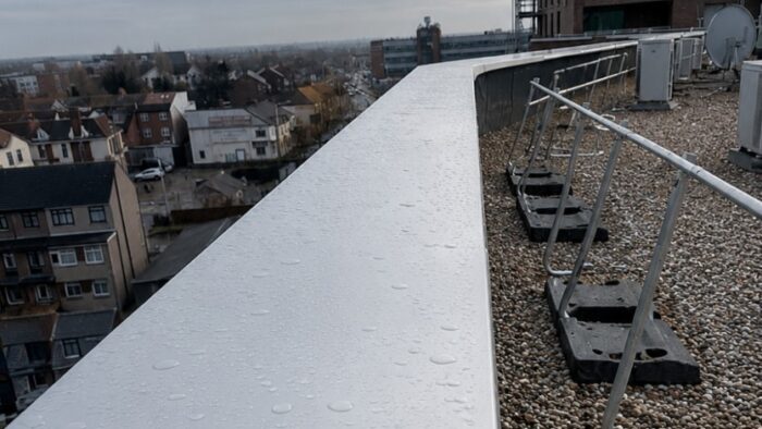 Cheapest Aluminium Coping: 7 Smart Buying Tips 6 Cheapest aluminium coping fitted to a city rooftop parapet with a modern urban backdrop.